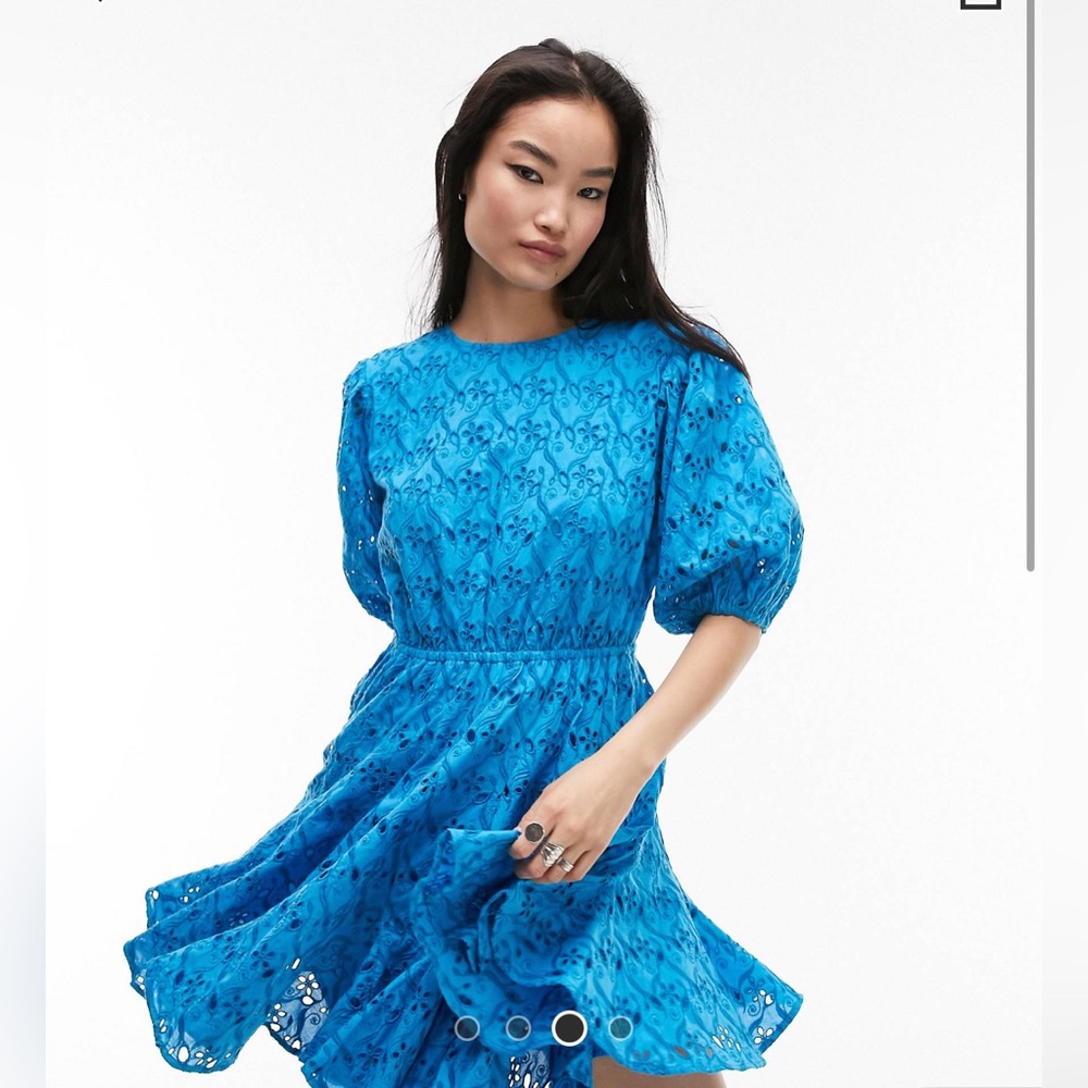 Topshop Blue Eyelet Dress with Puff Sleeves and Open Back